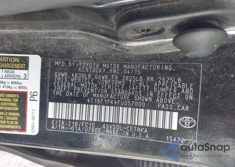 2015 Toyota Camry Le from USA, damaged, VIN 4T1BF1FK4FU057000